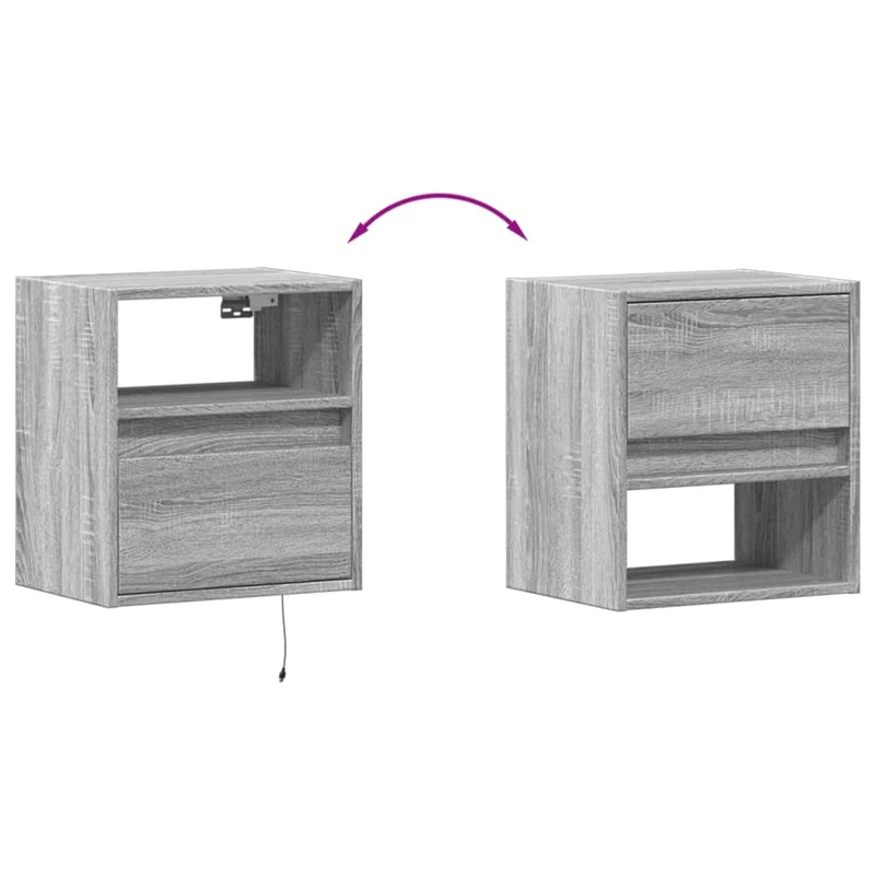 Lot de 2 tables de chevet murales avec lumières LED avec tiroir et compartiment ouvert en bois d'ingénierie gris DEC036168