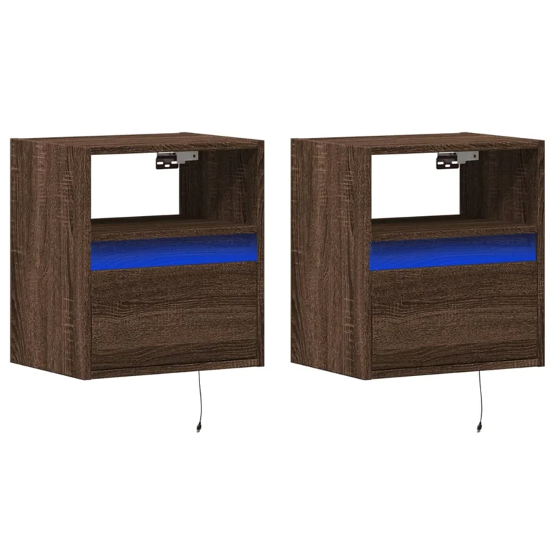 Lot de 2 tables de chevet murales avec lumières LED en bois d'ingénierie marron DEC036140