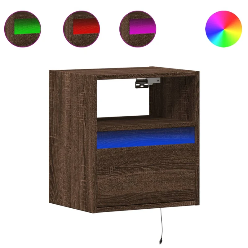 Lot de 2 tables de chevet murales avec lumières LED en bois d'ingénierie marron DEC036140