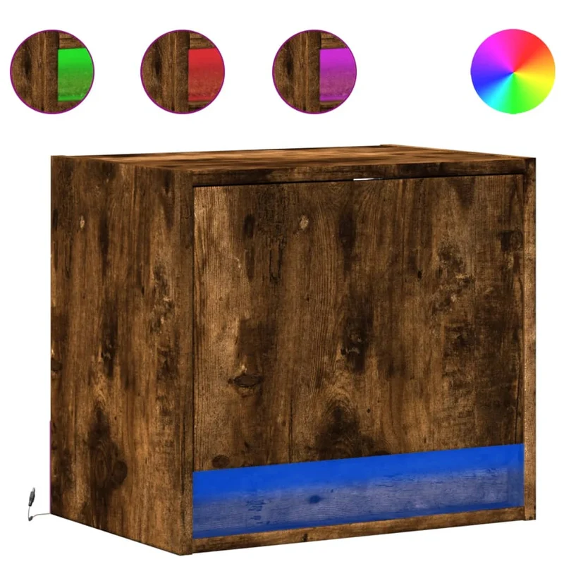 Lot de 2 tables de chevet murales avec lumières LED avec compartiment avec porte bois d'ingénierie marron DEC036129