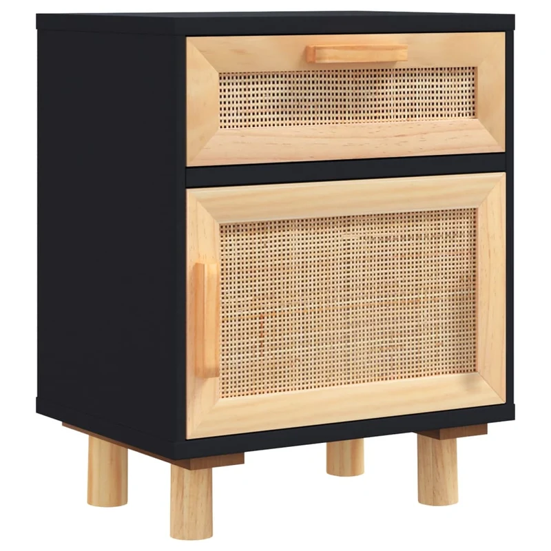 Lot de 2 tables de chevet avec tiroir et compartiment avec porte bois d'ingénierie noir rotin naturel DEC035617