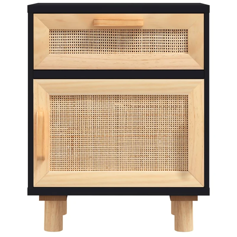 Lot de 2 tables de chevet avec tiroir et compartiment avec porte bois d'ingénierie noir rotin naturel DEC035617