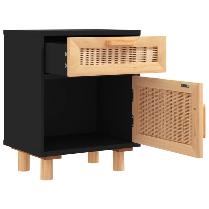 Lot de 2 tables de chevet avec tiroir et compartiment avec porte bois d'ingénierie noir rotin naturel DEC035617