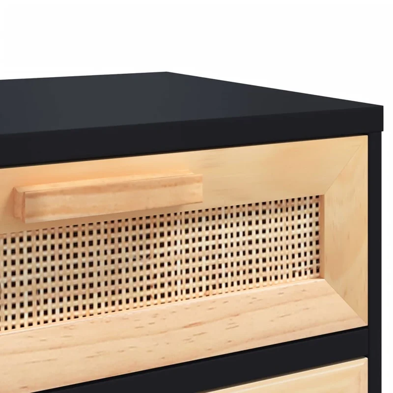 Lot de 2 tables de chevet avec tiroir et compartiment avec porte bois d'ingénierie noir rotin naturel DEC035617