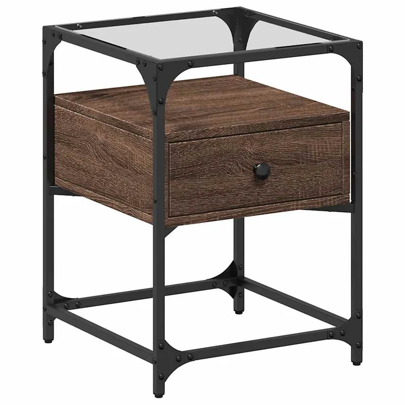 Lot de 2 tables de chevet avec tiroir 40 x 40 x 55cm bois d'ingénierie marron acier et verre DEC035855