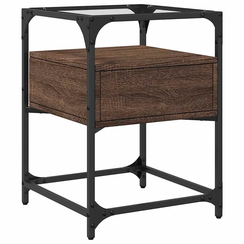 Lot de 2 tables de chevet avec tiroir 40 x 40 x 55cm bois d'ingénierie marron acier et verre DEC035855