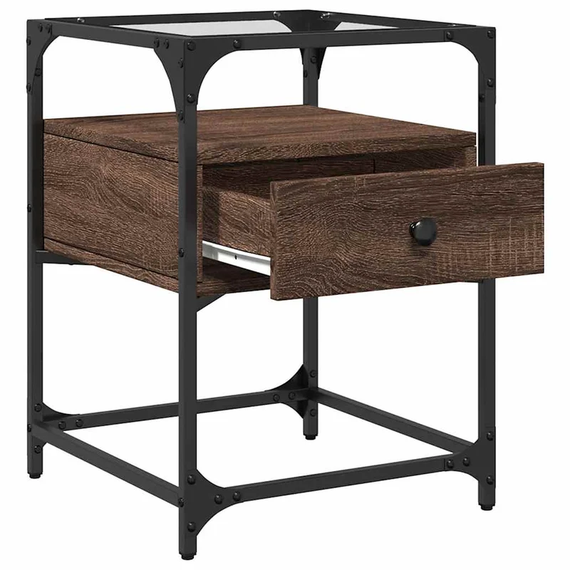 Lot de 2 tables de chevet avec tiroir 40 x 40 x 55cm bois d'ingénierie marron acier et verre DEC035855