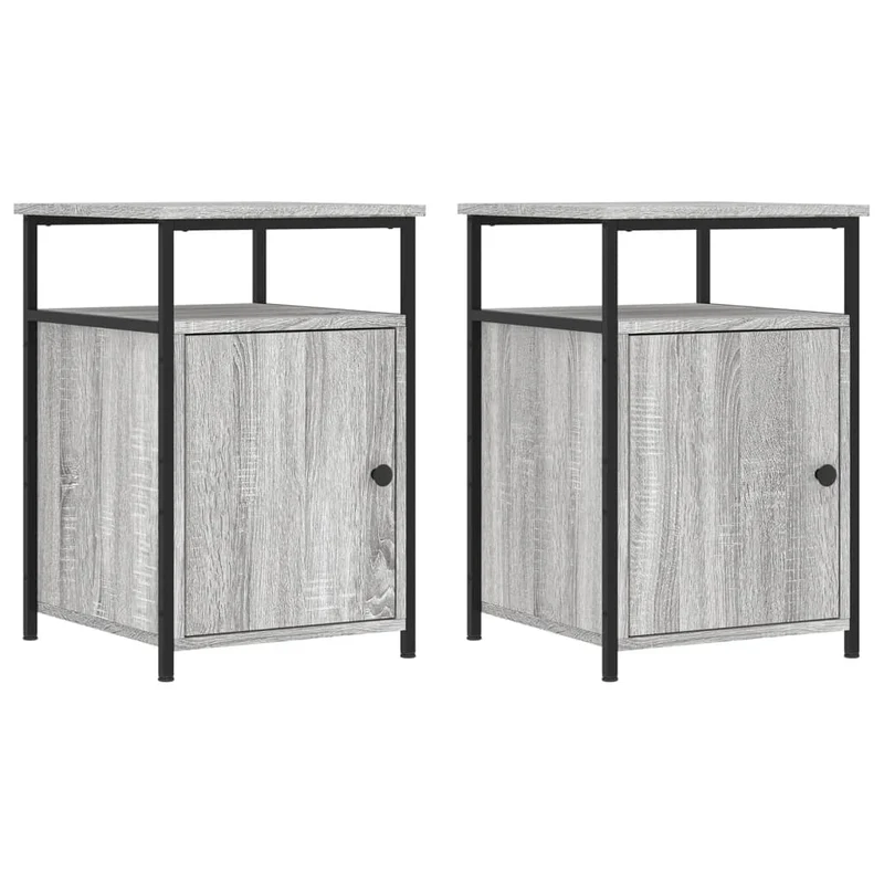 Lot de 2 tables de chevet avec compartiment avec porte 40 x 42 x 60cm bois d'ingénierie gris et fer DEC035734