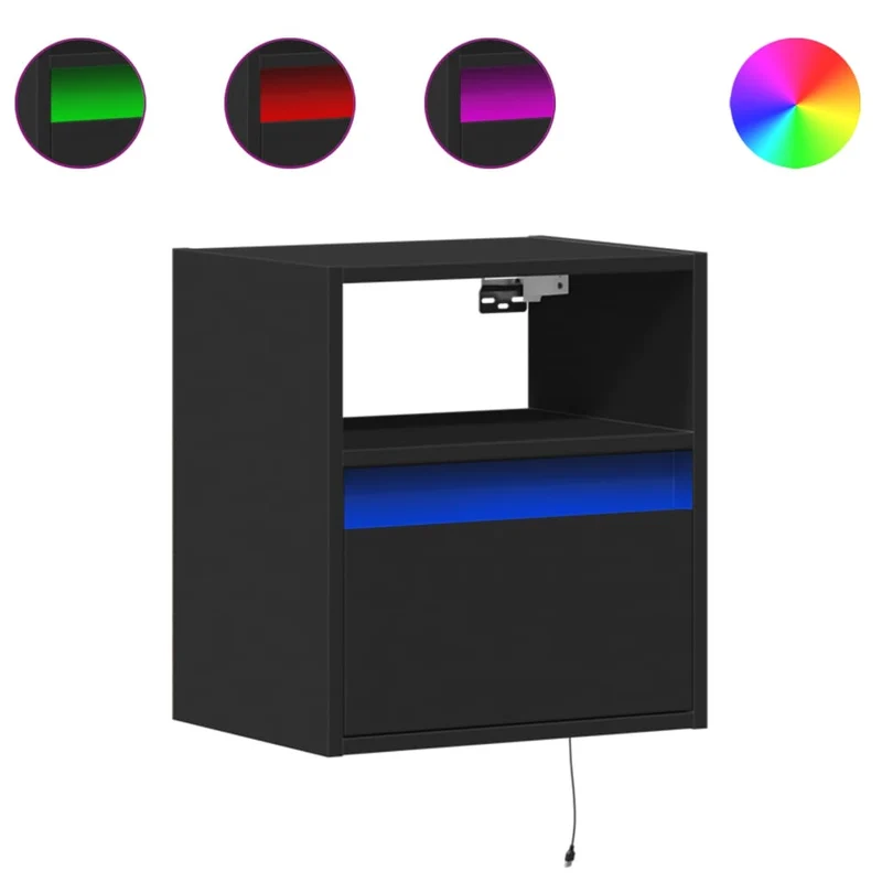 Lot de 2 tables de chevet murales avec lumières LED titoir et compartiment ouvert bois d'ingénierie noir DEC036163