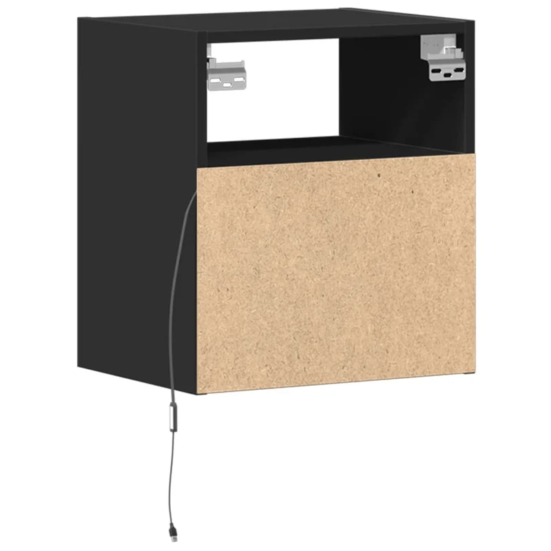 Lot de 2 tables de chevet murales avec lumières LED titoir et compartiment ouvert bois d'ingénierie noir DEC036163