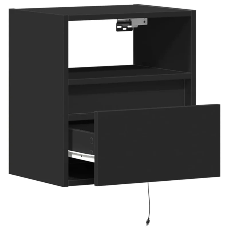 Lot de 2 tables de chevet murales avec lumières LED titoir et compartiment ouvert bois d'ingénierie noir DEC036163