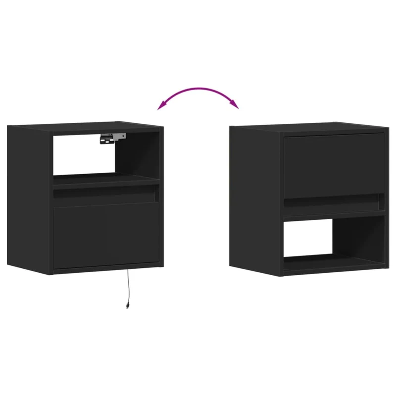 Lot de 2 tables de chevet murales avec lumières LED titoir et compartiment ouvert bois d'ingénierie noir DEC036163