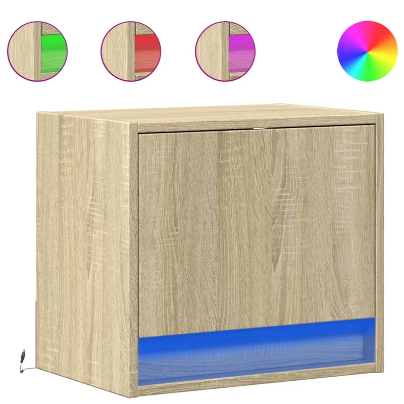 Lot de 2 tables de chevet murales avec lumières LED avec compartiment avec porte bois d'ingénierie couleur chêne DEC036149
