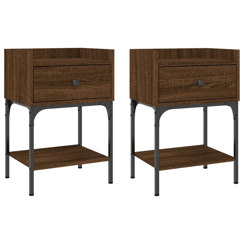 Lot de 2 tables de chevet avec tiroir et étagère 40,5 x 31 x 60cm bois d’ingénierie marron et fer DEC035798