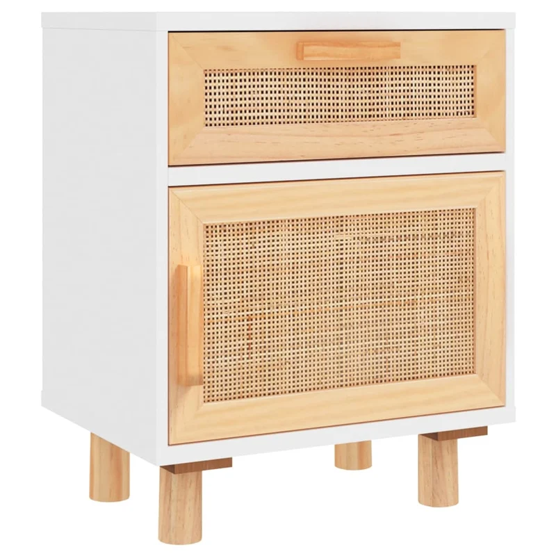 Lot de 2 tables de chevet avec tiroir et compartiment avec porte bois de pin blanc et rotin naturel DEC035781