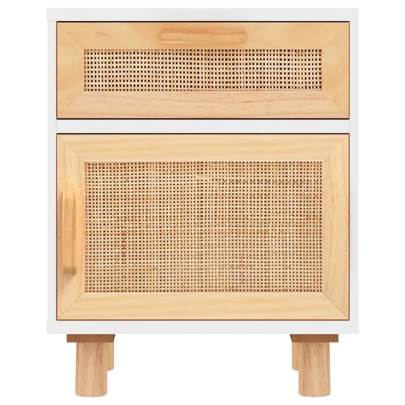 Lot de 2 tables de chevet avec tiroir et compartiment avec porte bois de pin blanc et rotin naturel DEC035781
