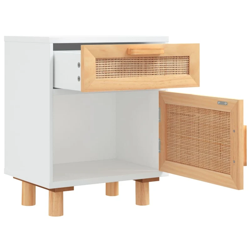 Lot de 2 tables de chevet avec tiroir et compartiment avec porte bois de pin blanc et rotin naturel DEC035781