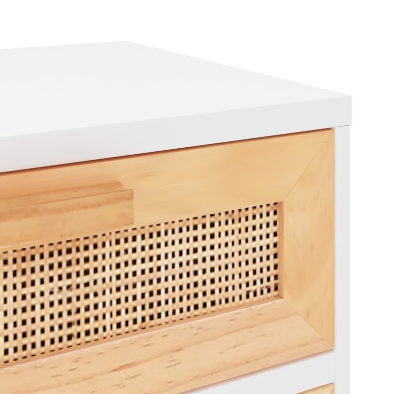 Lot de 2 tables de chevet avec tiroir et compartiment avec porte bois de pin blanc et rotin naturel DEC035781