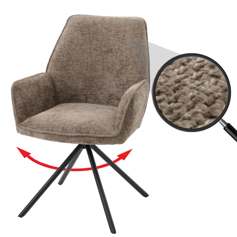 Chaise de salle à manger avec accoudoir siège rotatif en tissu bouclé marron cadre trépied 04_0006275