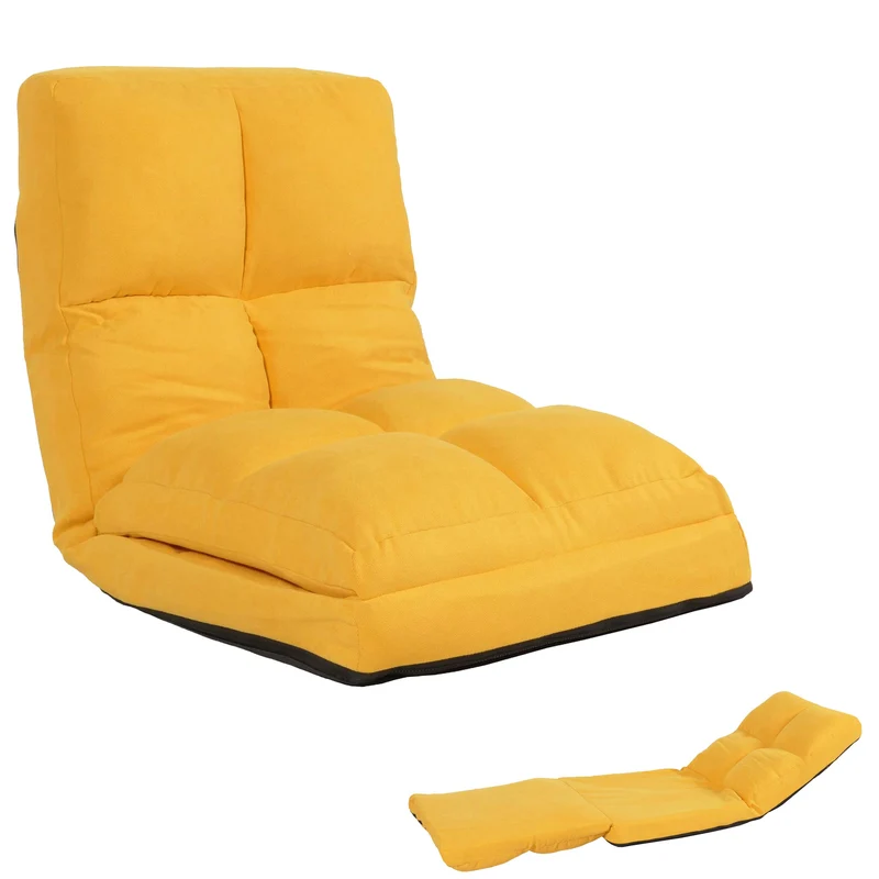 Chaise de sol avec fonction relaxation dossier réglable en 4 directions cadre en acier velours jaune 04_0006373