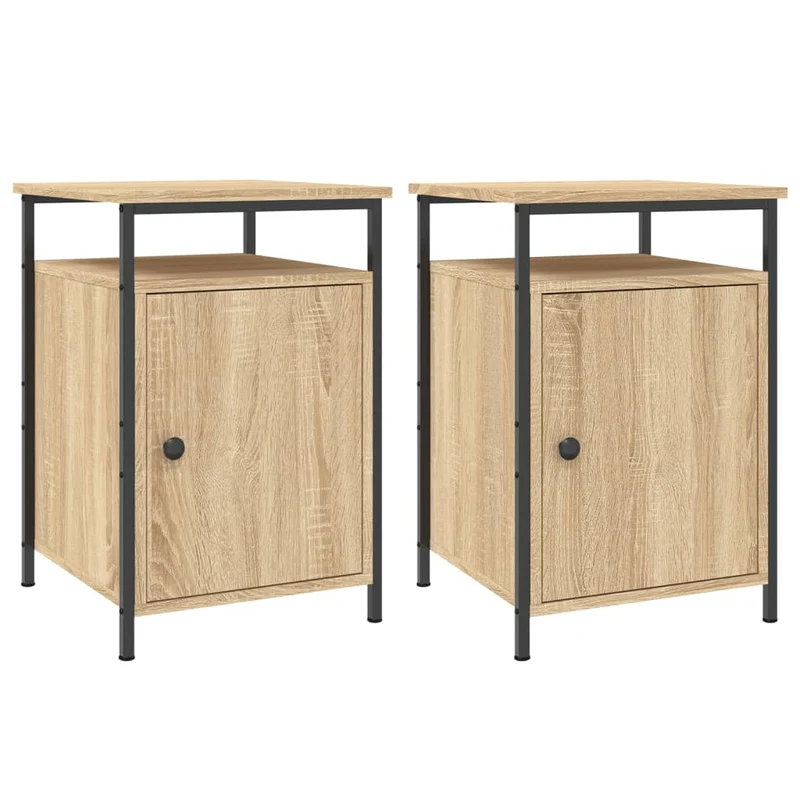Lot de 2 tables de chevet compartiment avec porte 40 x 42 x 60cm bois d'ingénierie couleur chêne et fer DEC035891