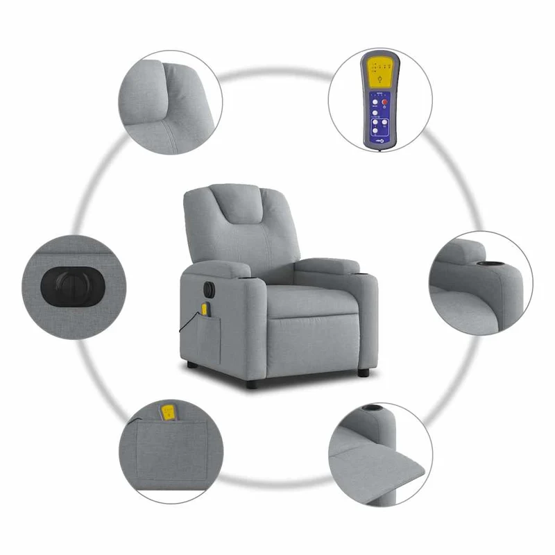 Fauteuil de relaxation TV fonction massage inclinable électrique 6 points de massage en tissu gris clair DEC027156