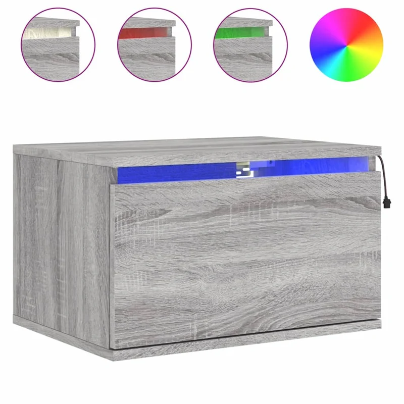 Lot de 2 tables de chevet murales 50 x 36 x 30 cm avec lumières LED et tiroir en bois d'ingénierie gris DEC036170