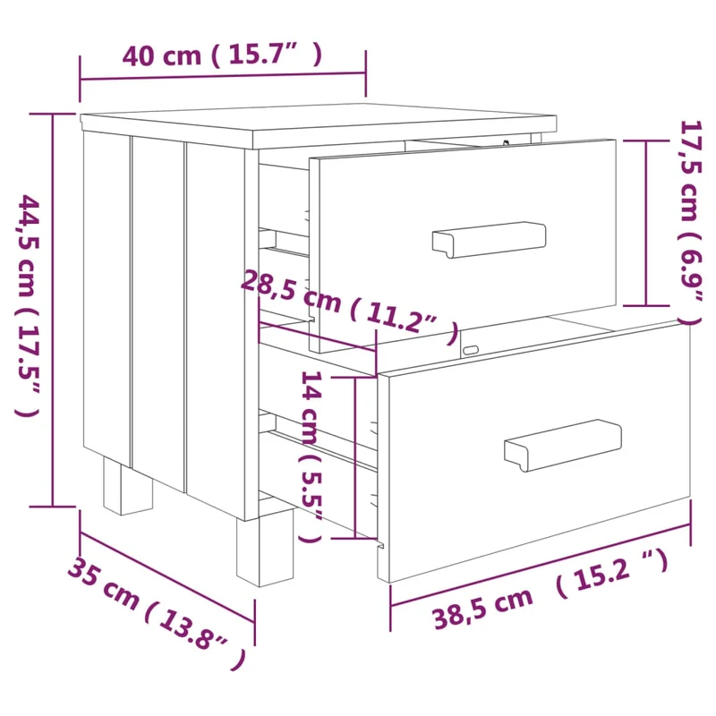 Lot de 2 tables de chevet avec deux tiroirs 40 x 35 x 44,5cm bois de pin massif et MDF DEC036010