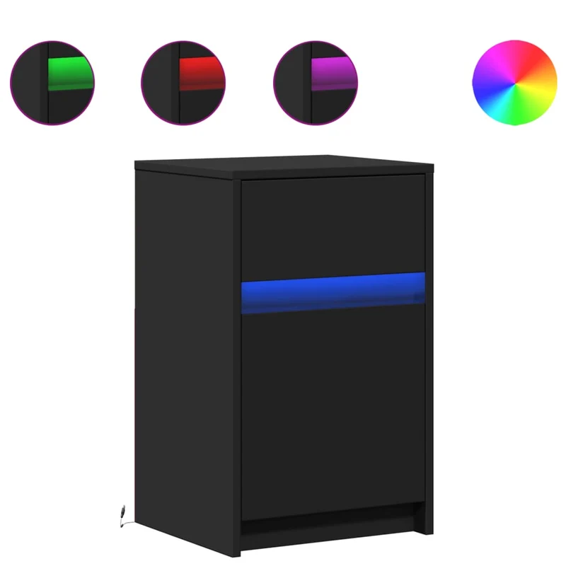 Table de chevet avec lumières LED tiroir et compartiment avec porte 38 x 34 x 61 cm bois d'ingénierie noir DEC032784