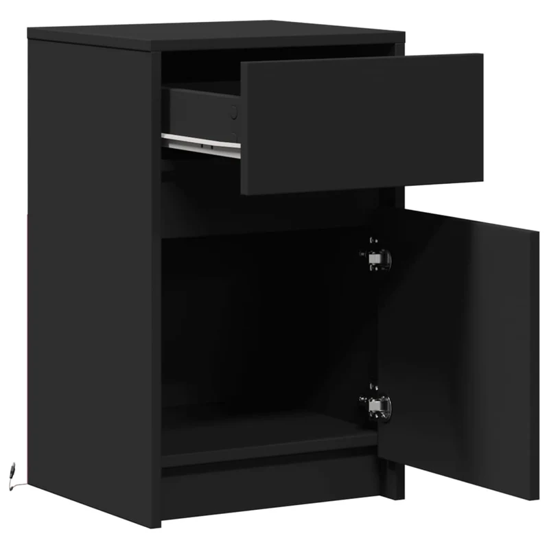 Table de chevet avec lumières LED tiroir et compartiment avec porte 38 x 34 x 61 cm bois d'ingénierie noir DEC032784