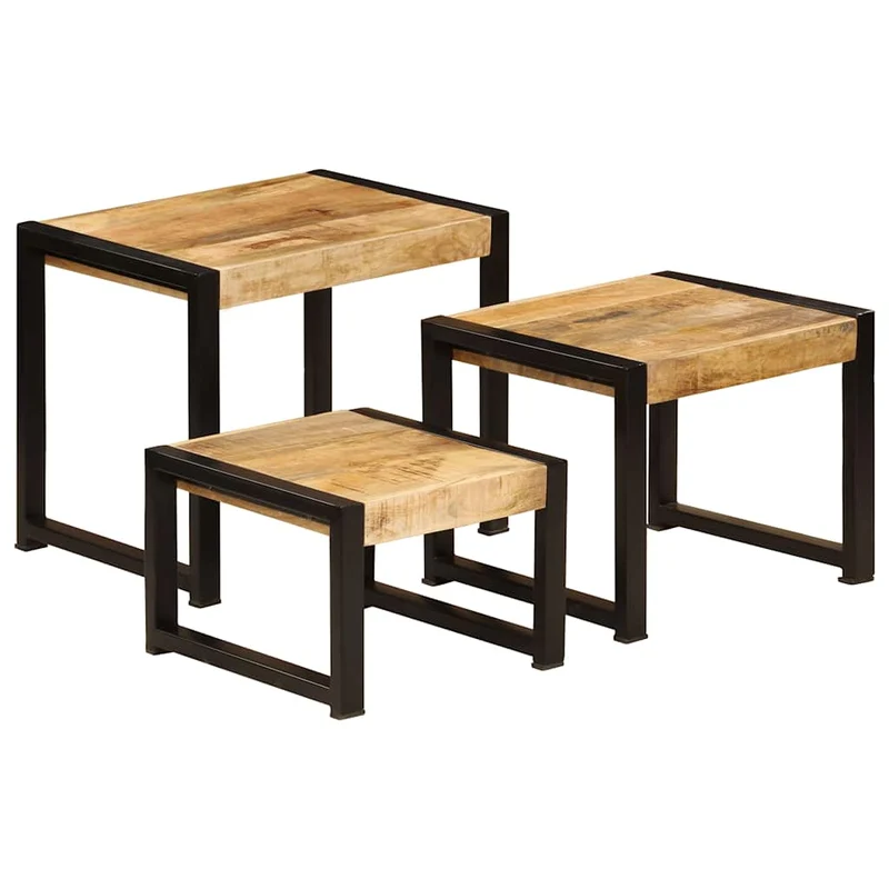 Lot de 3 tables d'appoint gigognes en bois solide de manguier et acier noir DEC032711