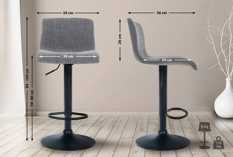 Tabouret de bar x1 avec repose-pieds pivotant dossier incurvé en tissu gris clair et métal noir 10_0004962