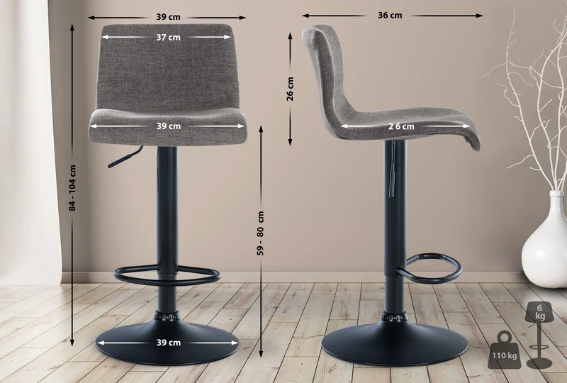 Tabouret de bar x1 design simple avec repose-pieds en tissu gris clair pieds en métal noir 10_0004558