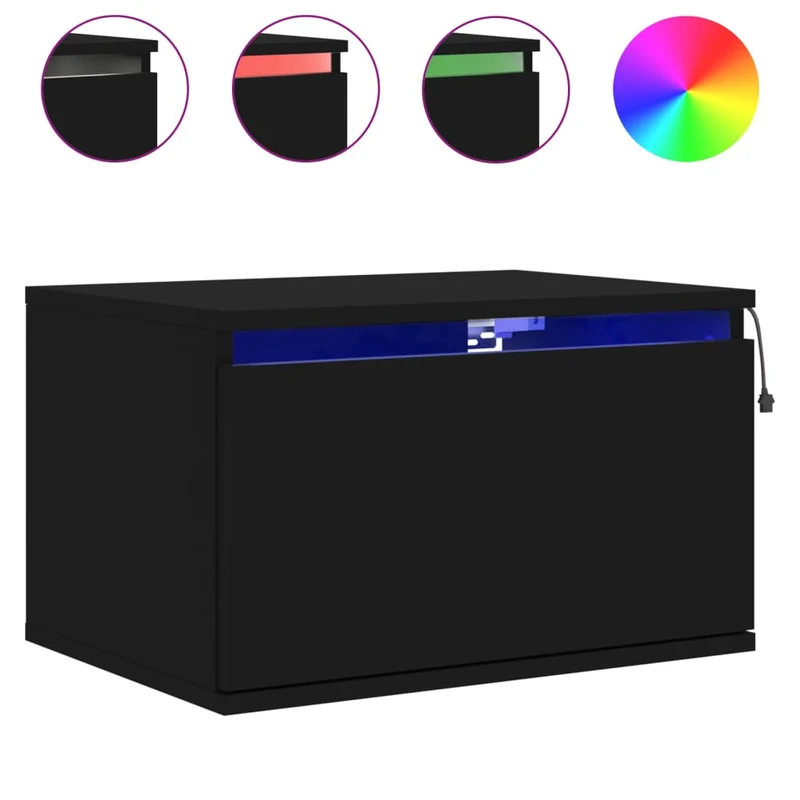 Lot de 2 tables de chevet murales avec lumières LED et tiroir 50 x 36 x 30 cm en bois d'ingénierie noir DEC036160