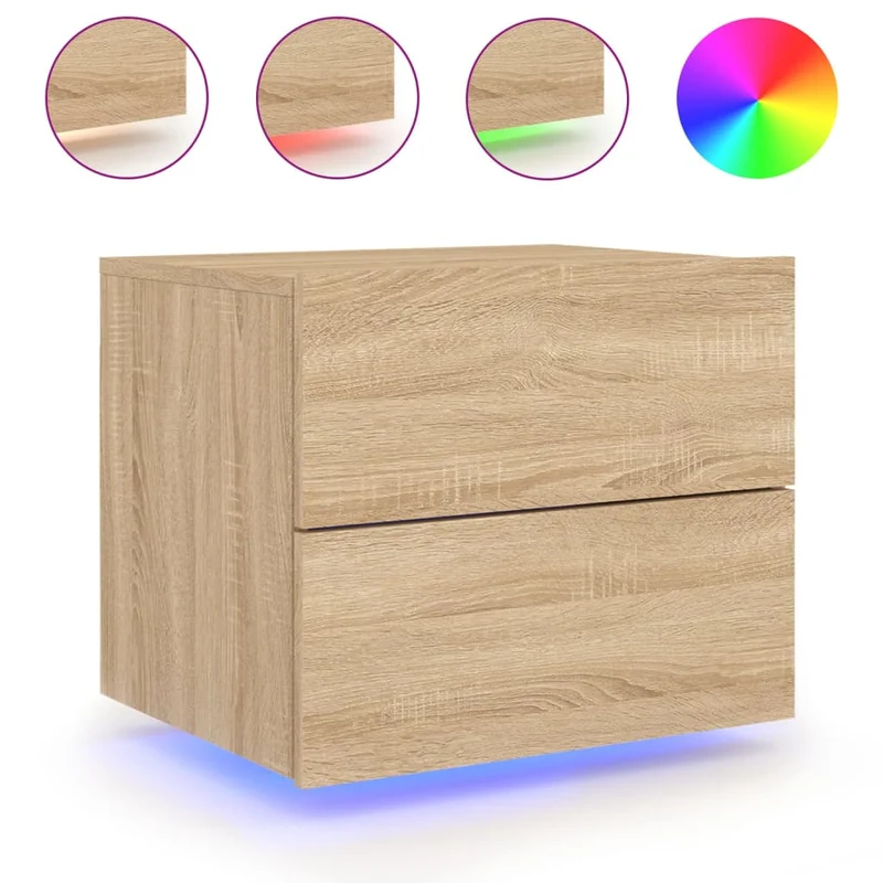 Lot de 2 tables de chevet murales avec lumières LED et tiroirs en bois d'ingénierie couleur chêne DEC036144