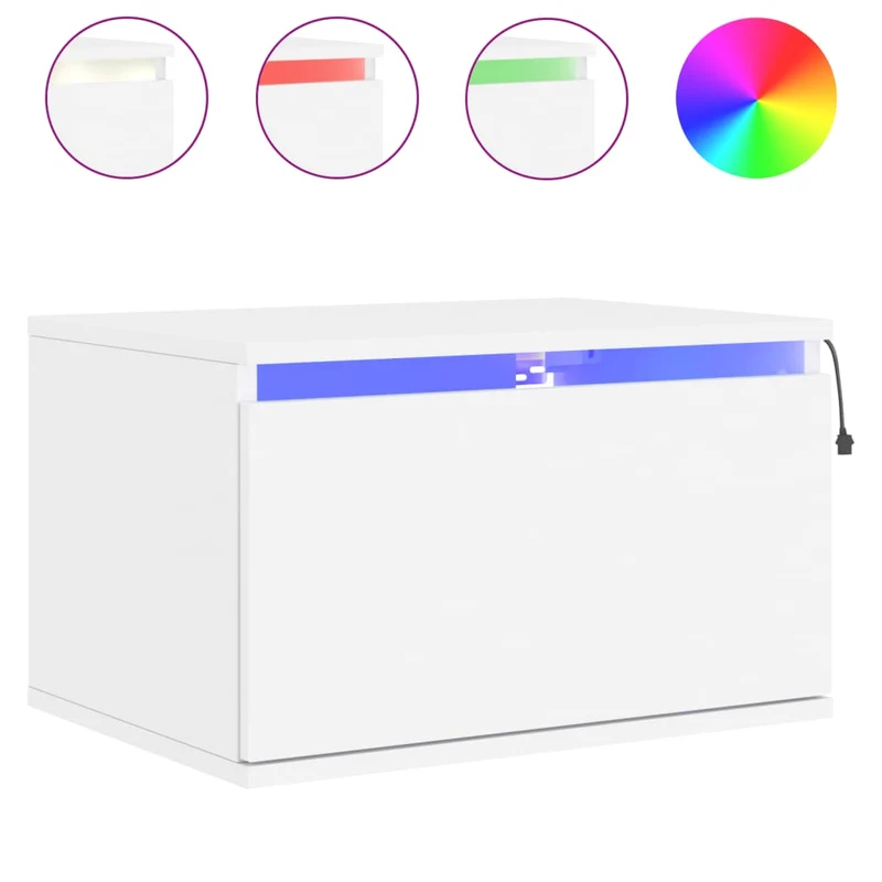 Lot de 2 tables de chevet murales avec lumières LED et tiroir en bois d'ingénierie blanc DEC036123