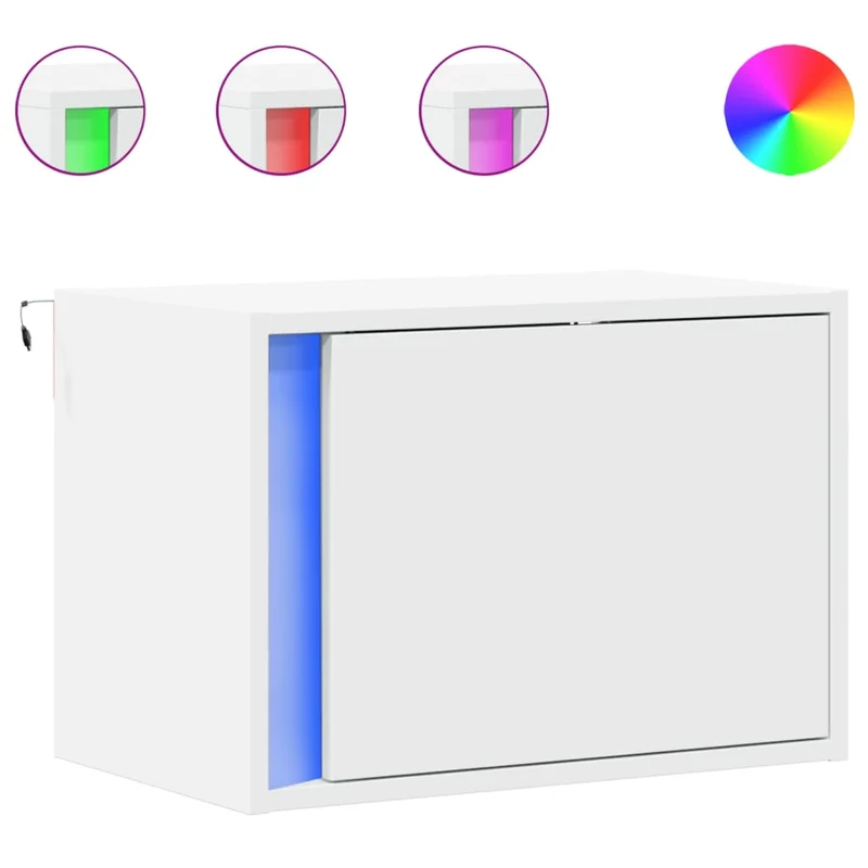 Lot de 2 tables de chevet murales avec lumières LED avec compartiment avec porte en bois d'ingénierie blanc DEC036120