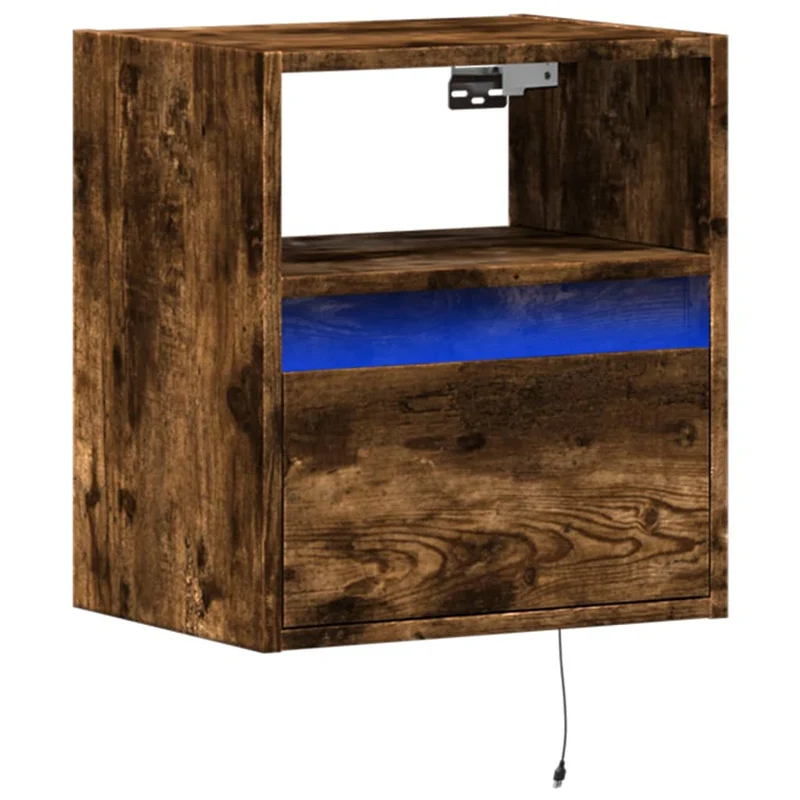 Table de chevet murale avec lumières LED avec tiroir 41 x 31 x 45 cm bois d'ingénierie marron DEC034173