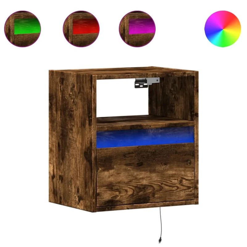 Table de chevet murale avec lumières LED avec tiroir 41 x 31 x 45 cm bois d'ingénierie marron DEC034173