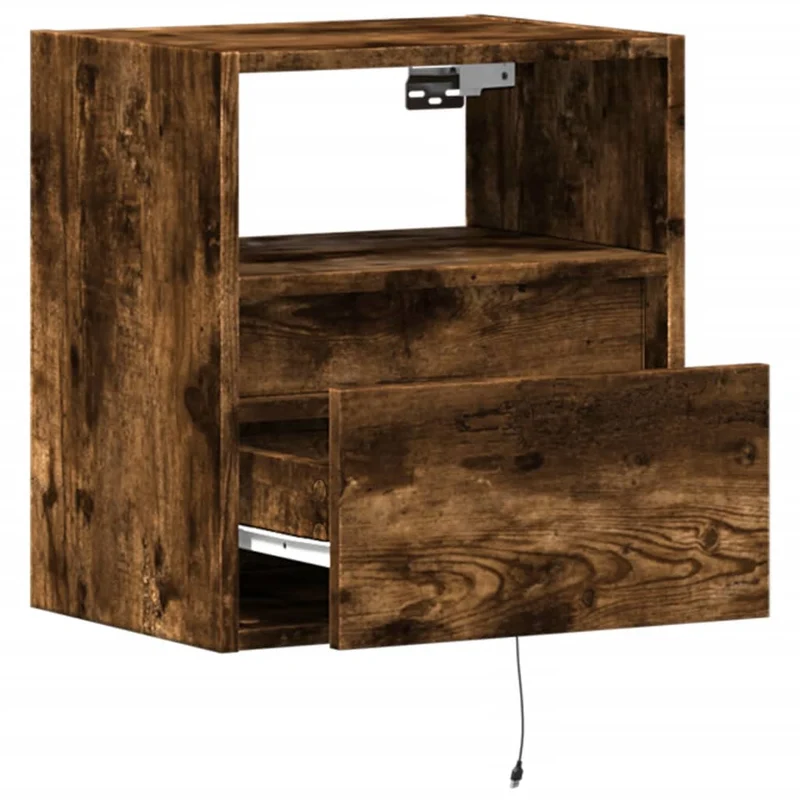 Table de chevet murale avec lumières LED avec tiroir 41 x 31 x 45 cm bois d'ingénierie marron DEC034173
