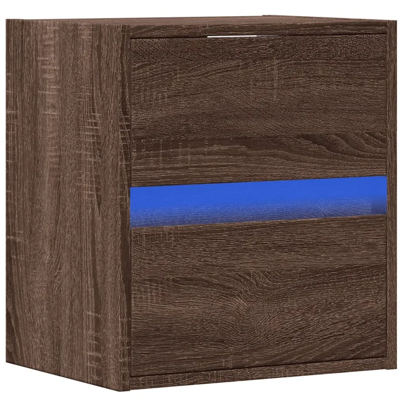 Table de chevet murale avec lumières LED deux tiroirs 41 x 31 x 45 cm en bois d'ingénierie marron DEC034179