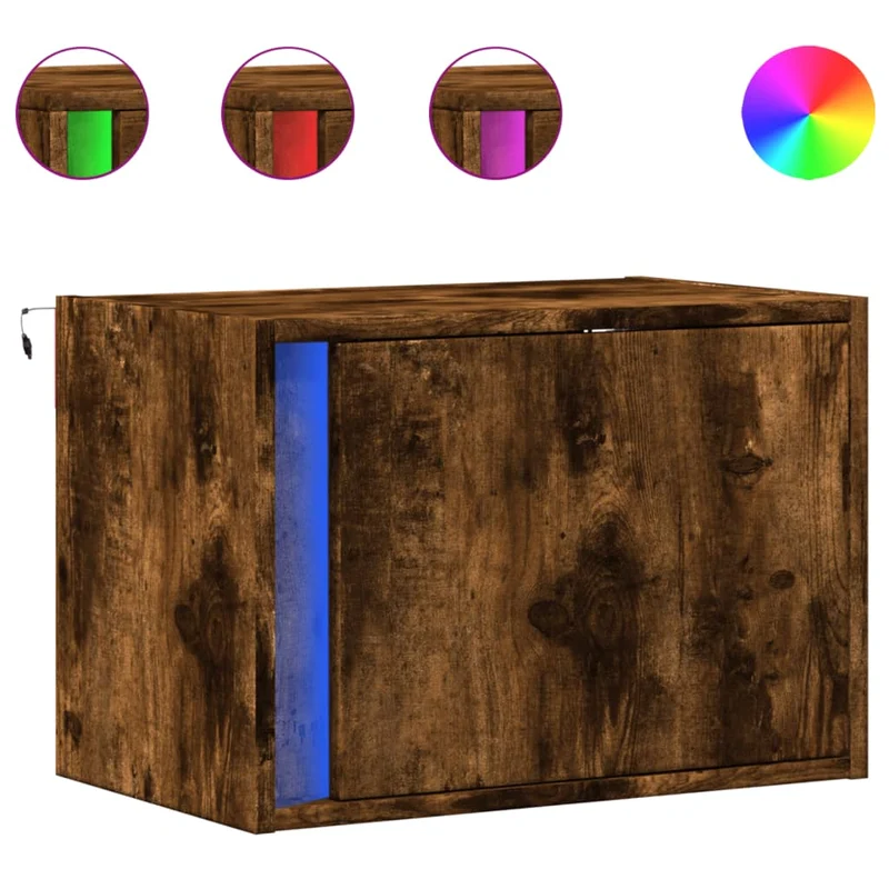 Table de chevet murale avec lumières LED avec compartiment avec porte 50 x 31 x 35 cm bois d'ingénierie marron DEC034176