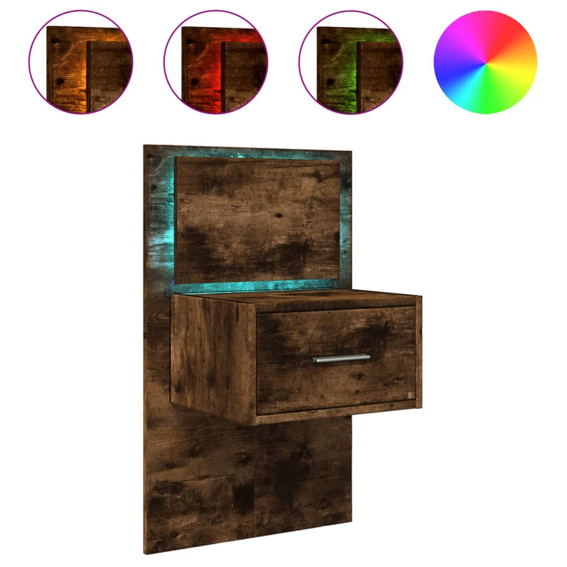 Table de chevet murale avec lumières LED et tiroir 48,5 x 32,5 x 80 cm bois d'ingénierie marron DEC034172