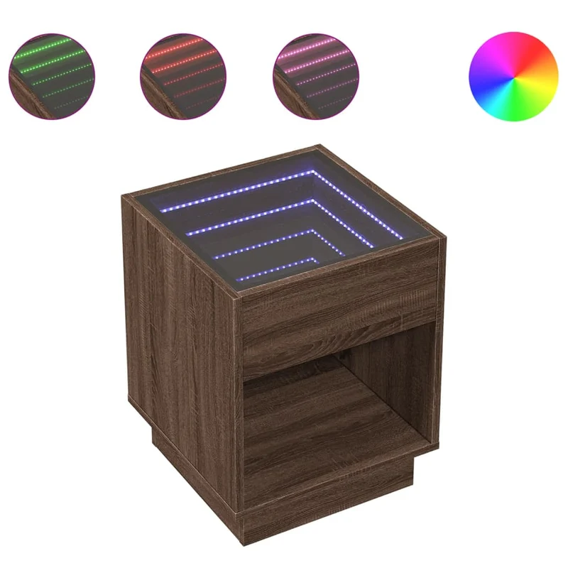 Table de chevet avec lumière LED et compartiment ouvert 40 x 40 x 50 cm bois d'ingénierie marron et verre DEC033139