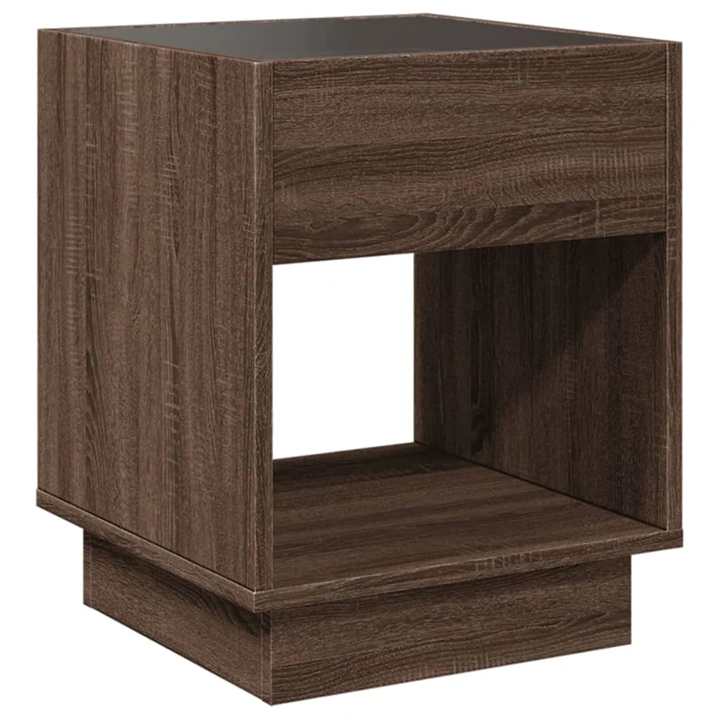 Table de chevet avec lumière LED et compartiment ouvert 40 x 40 x 50 cm bois d'ingénierie marron et verre DEC033139