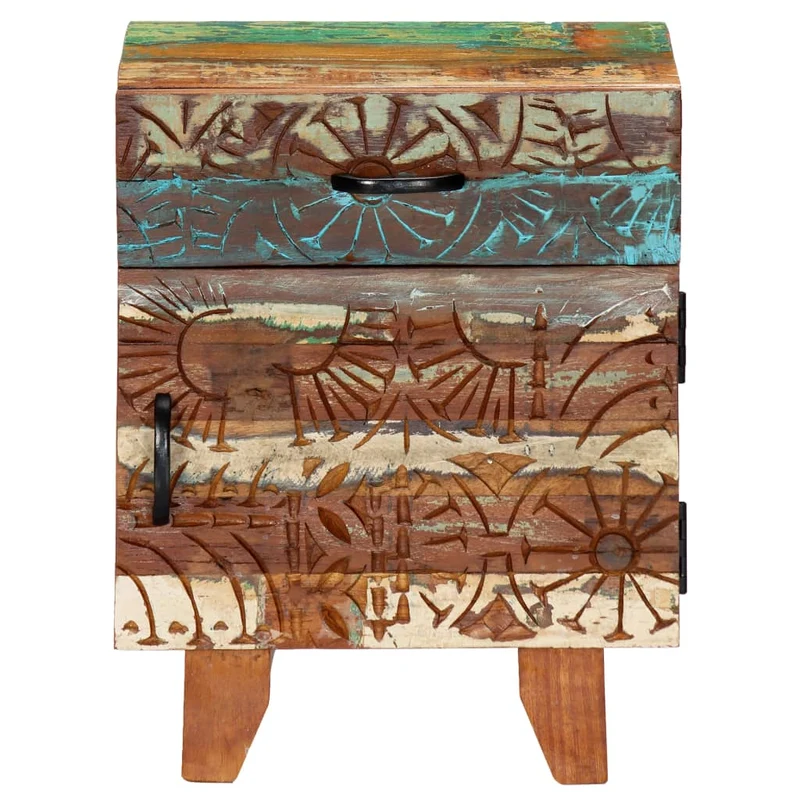 Table de chevet avec 1 tiroir et 1 porte avec motif sculpté à la main 40 x 30 x 50cm bois récupération multicolore DEC034572