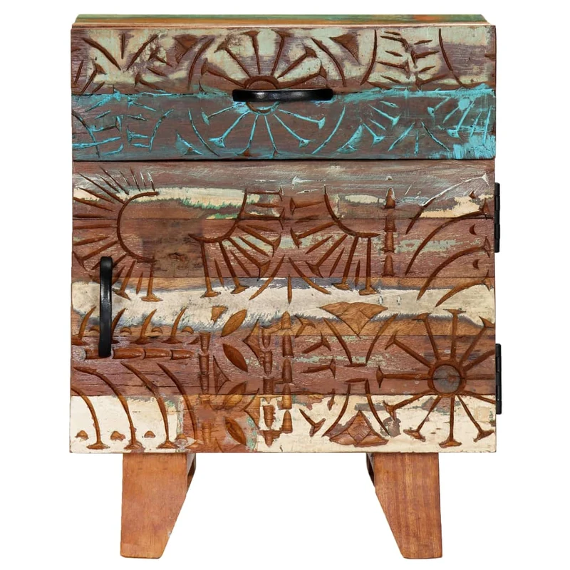 Table de chevet avec 1 tiroir et 1 porte avec motif sculpté à la main 40 x 30 x 50cm bois récupération multicolore DEC034572