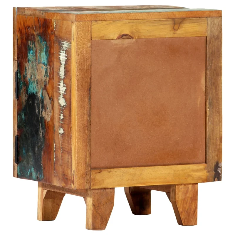 Table de chevet avec 1 tiroir et 1 porte avec motif sculpté à la main 40 x 30 x 50cm bois récupération multicolore DEC034572