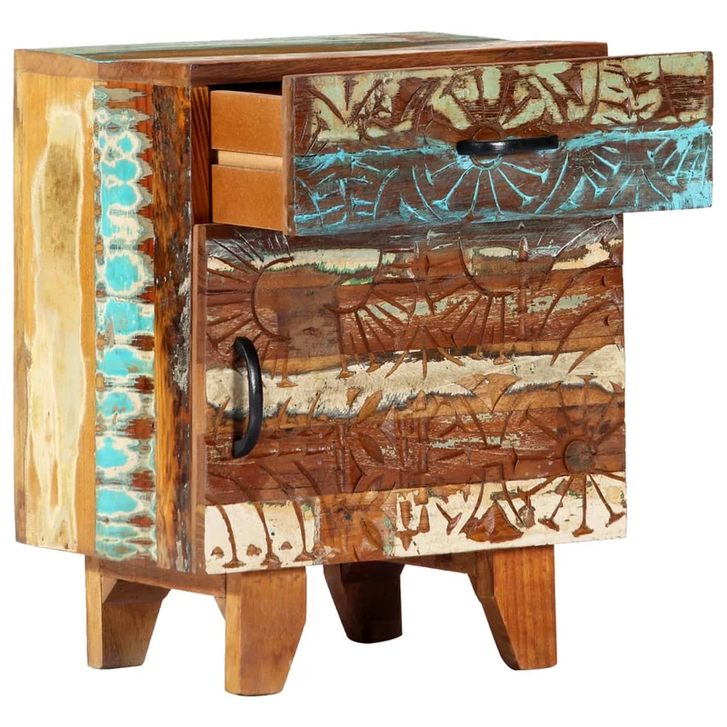 Table de chevet avec 1 tiroir et 1 porte avec motif sculpté à la main 40 x 30 x 50cm bois récupération multicolore DEC034572