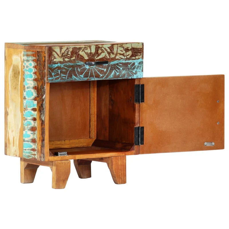 Table de chevet avec 1 tiroir et 1 porte avec motif sculpté à la main 40 x 30 x 50cm bois récupération multicolore DEC034572